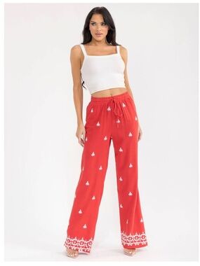 NWT ELASTIC WAIST FRONT POCKETS EMBROIDERY WIDE LEG PALAZZO LINEN PANTS size M